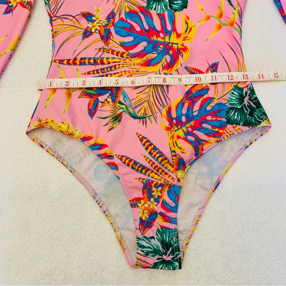 Pink Jungle Floral Long-Sleeve Surf One Piece Bathingsuit for Sun Protection Med - Picture 3 of 5